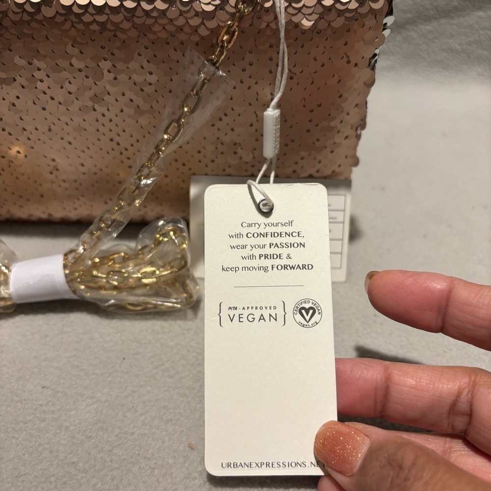 Urban Expressions Sequin Rose Gold Vegan Leather Clutch Snap Closure Chain Strap - Picture 6 of 7
